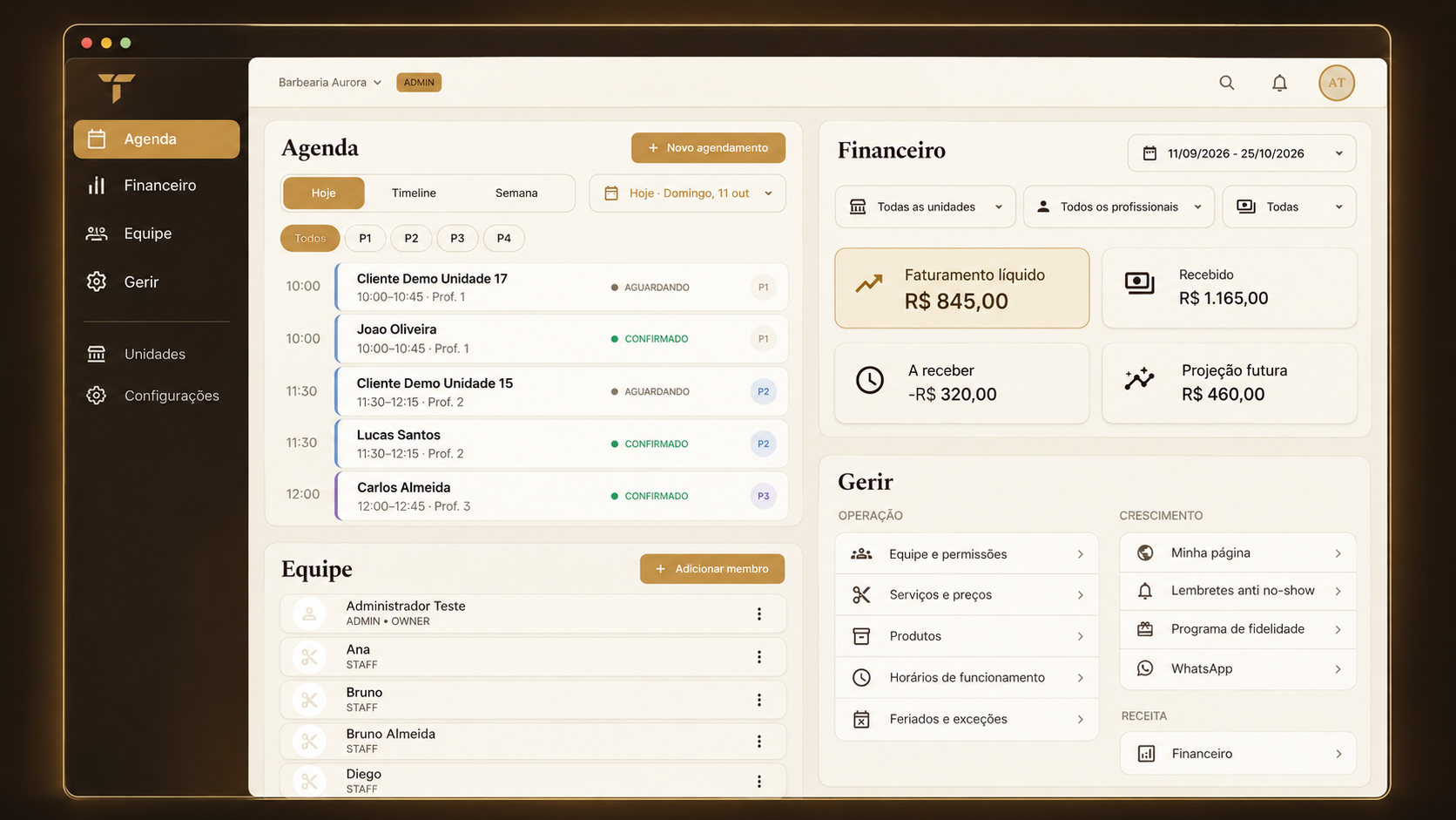 Painel web do Trazor com agenda, financeiro, equipe e configurações