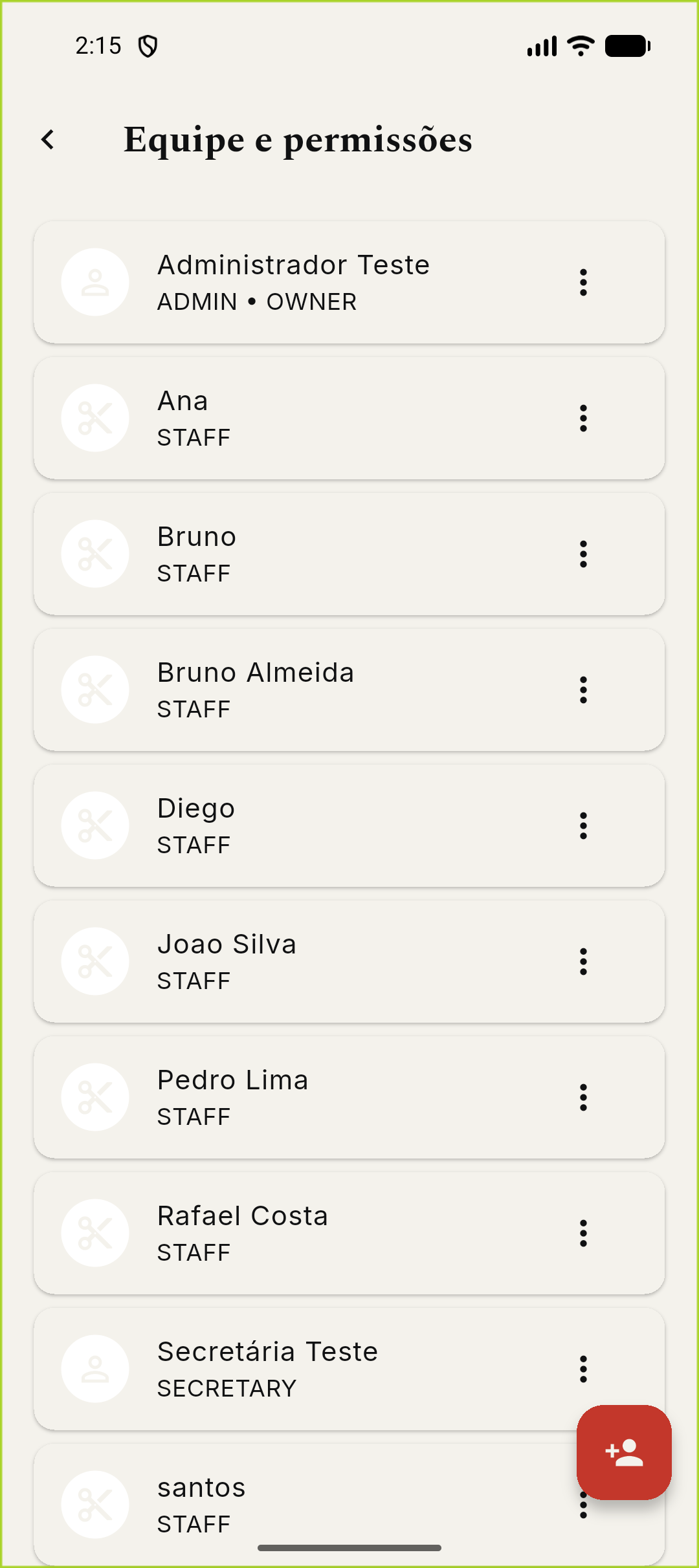 Tela Equipe